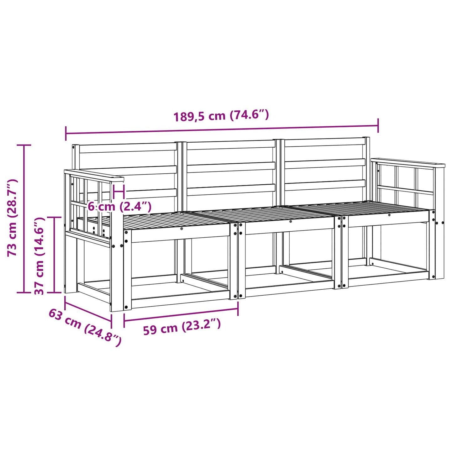 Utendørs sofa-sett 3 pcs Hvit 189,5 x 63 x 73 cm