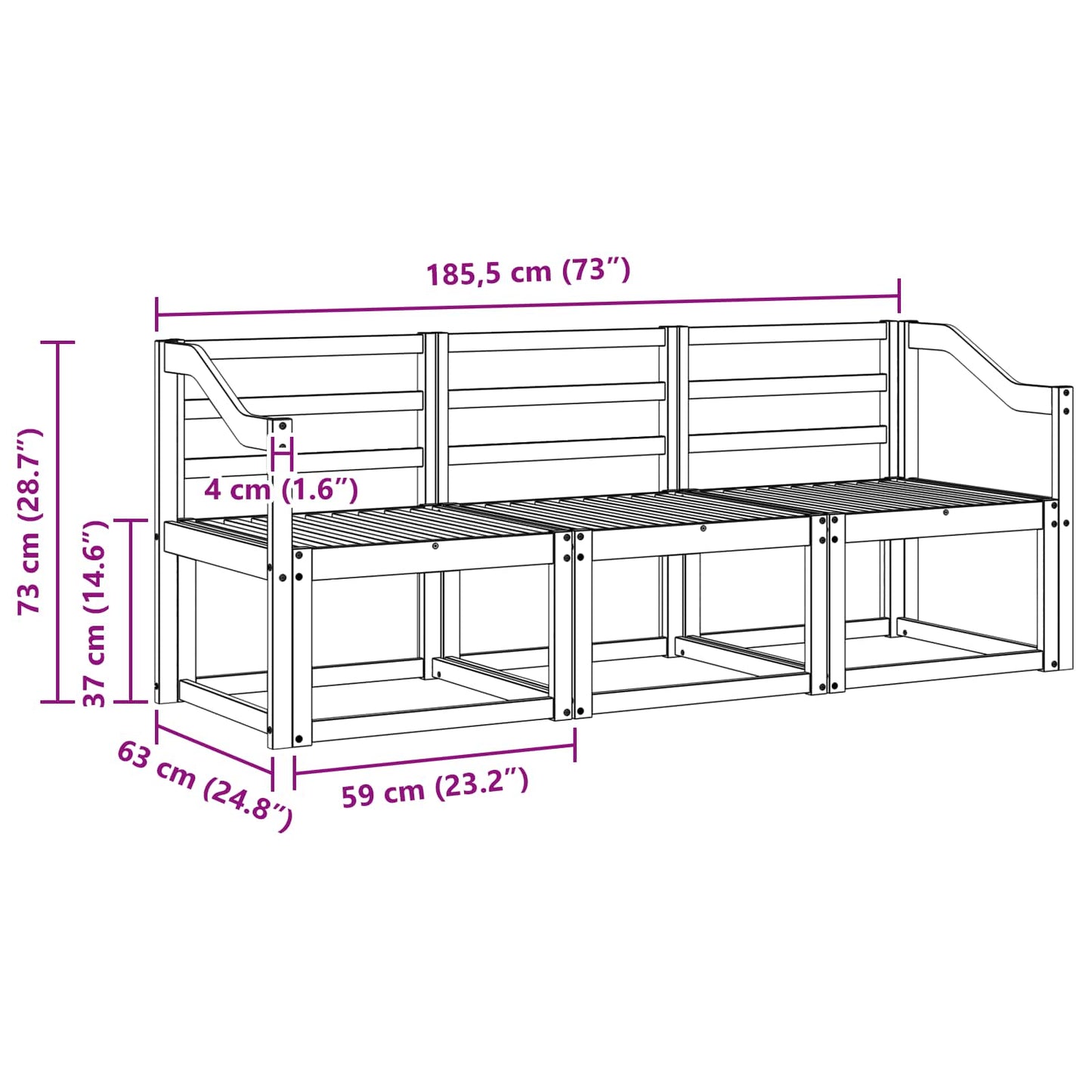Utendørs sofa-sett 3 pcs Hvit 185,5 x 63 x 73 cm