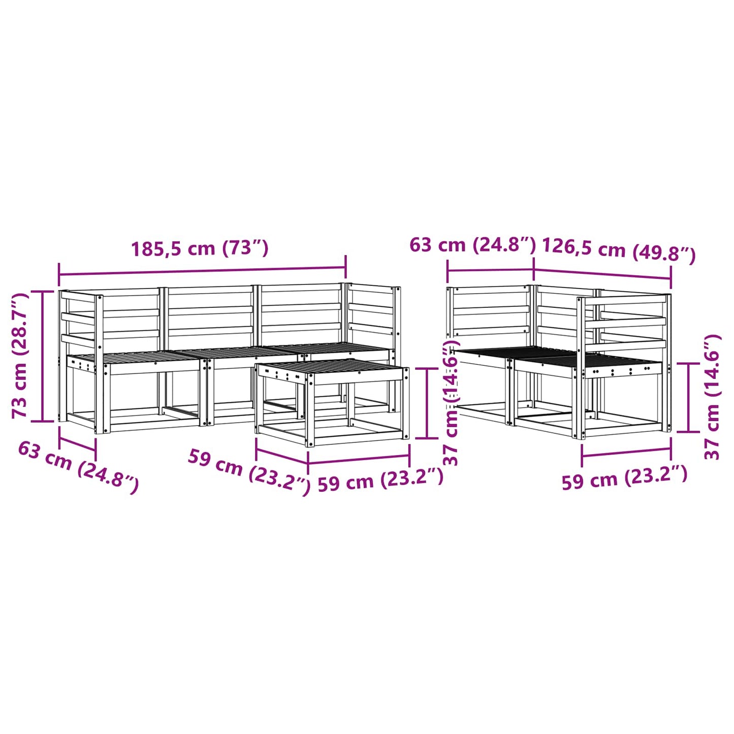 Utendørs sofa-sett 6 pcs Hvit 59 x 59 x 37 cm Solid akasietre