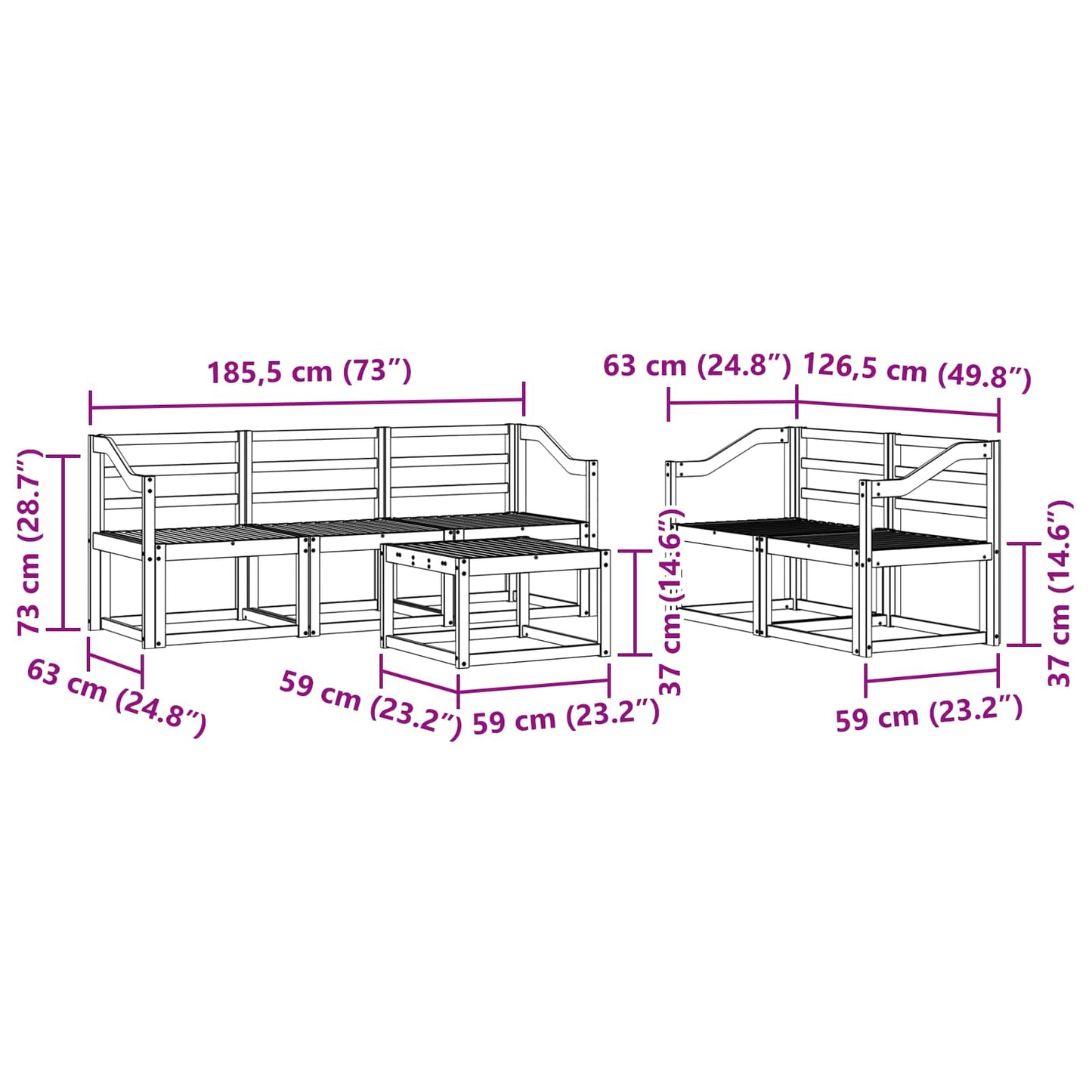 Utendørs sofa-sett 6 pcs Hvit 59 x 59 x 37 cm Solid akasietre