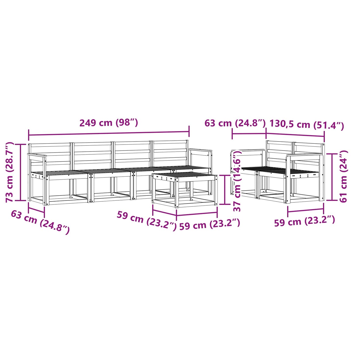 Utendørs sofa-sett 7 pcs Hvit 59 x 59 x 37 cm Solid akasietre