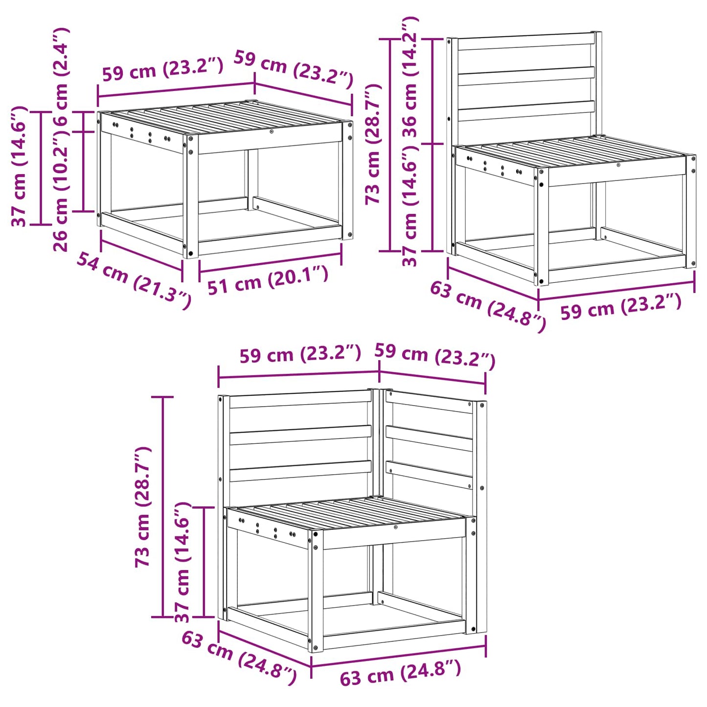 Utendørs sofa-sett 8 pcs Hvit 59 x 59 x 37 cm Solid akasietre