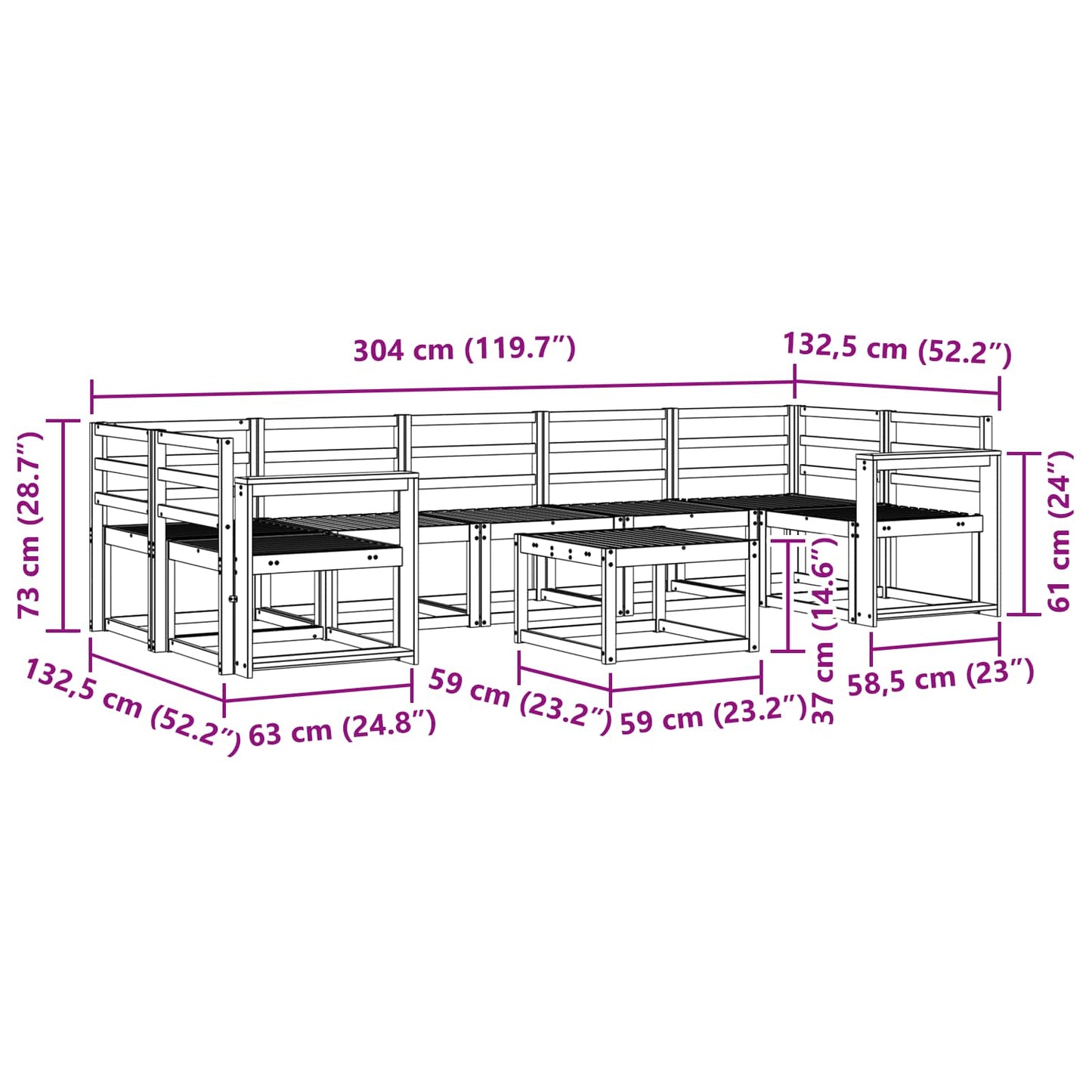 Utendørs sofa-sett 8 pcs Hvit 59 x 59 x 37 cm Solid akasietre