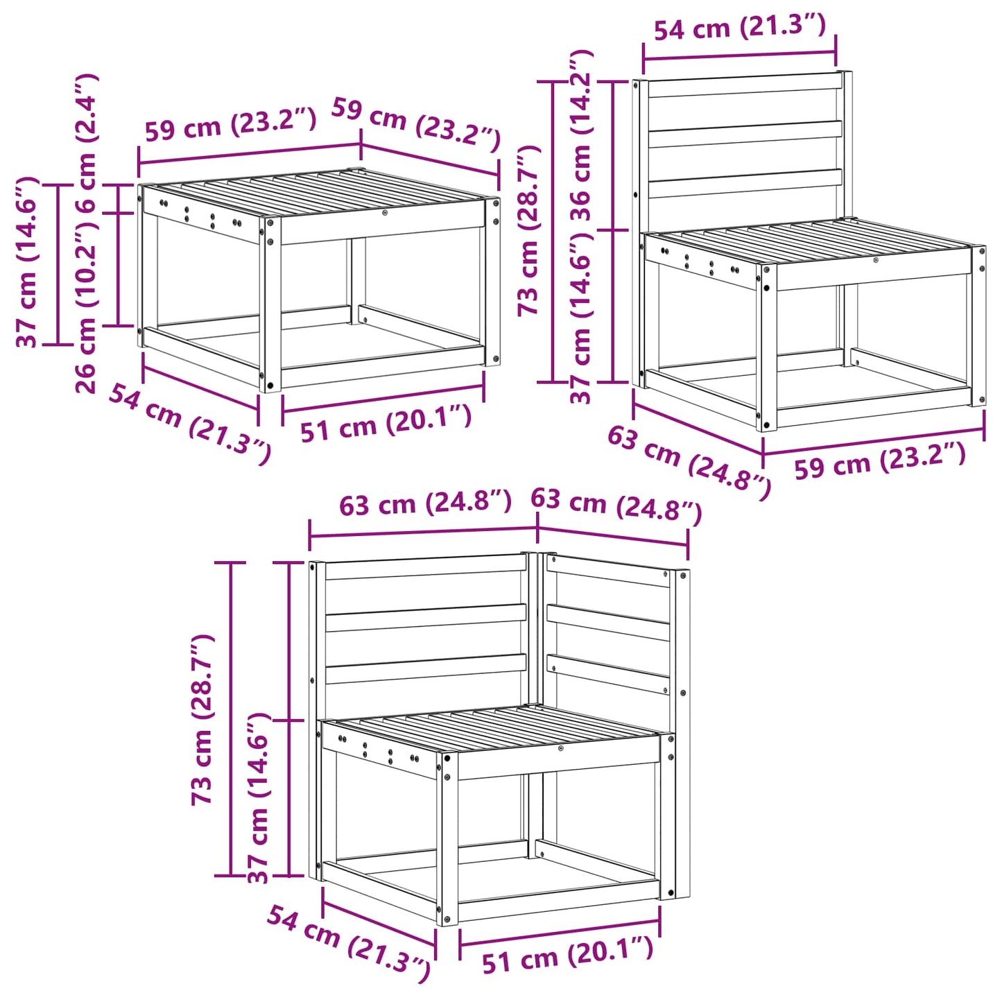 Utendørs sofa-sett 8 pcs Hvit 59 x 59 x 37 cm Solid akasietre
