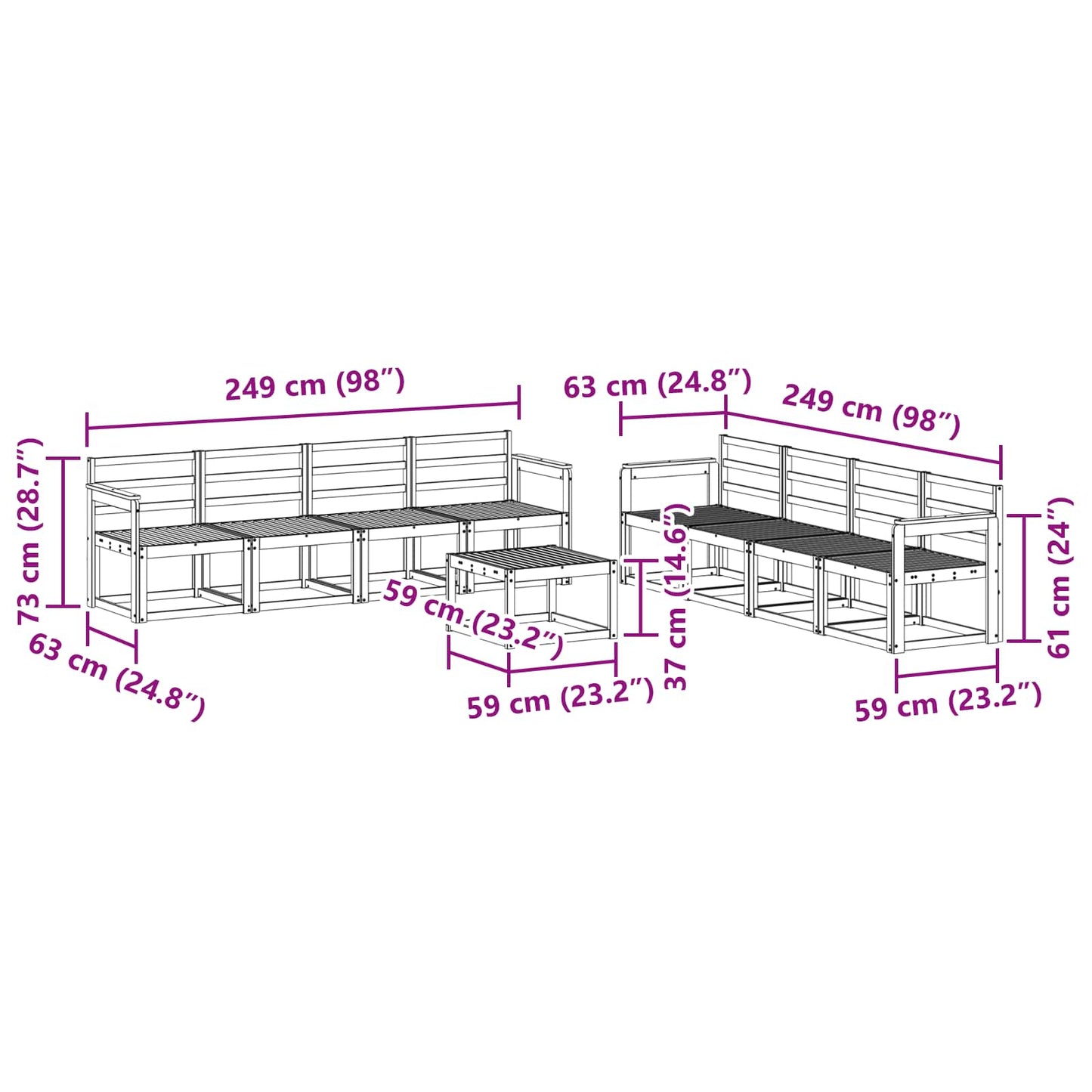 Utendørs sofa-sett 9 pcs Hvit 59 x 59 x 37 cm Solid akasietre