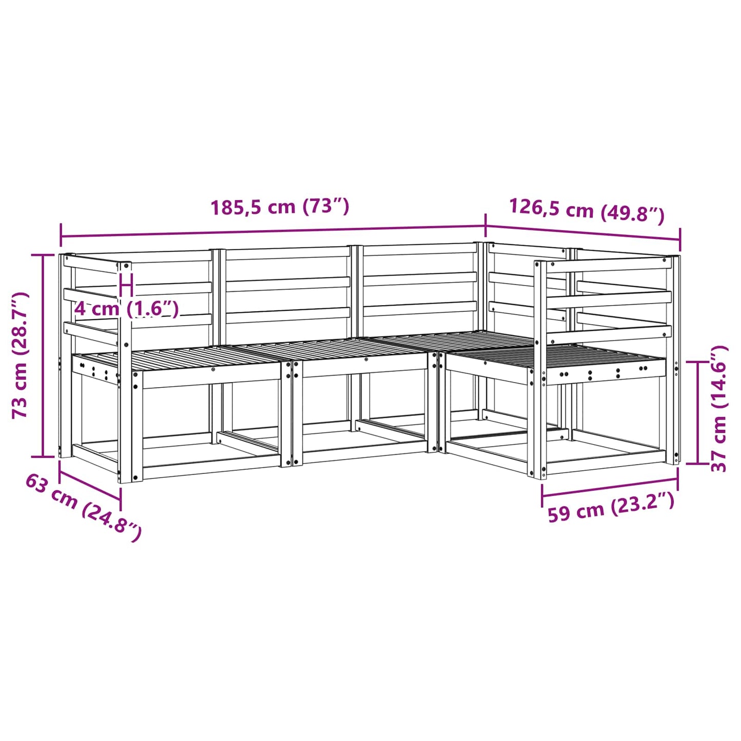 Utendørs sofa-sett 4 pcs Hvit 185,5 x 126,5 x 73 cm