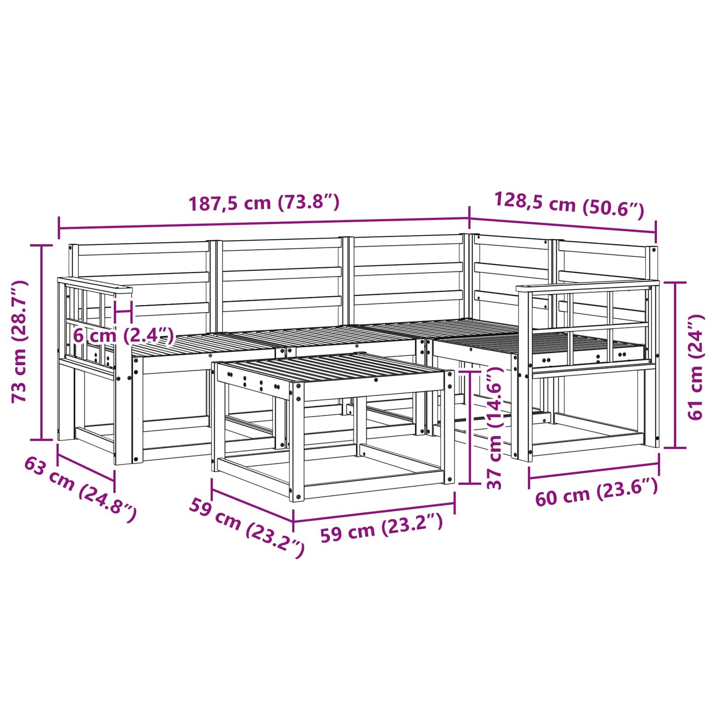 Utendørs sofa-sett 5 pcs Hvit 59 x 59 x 37 cm Solid akasietre