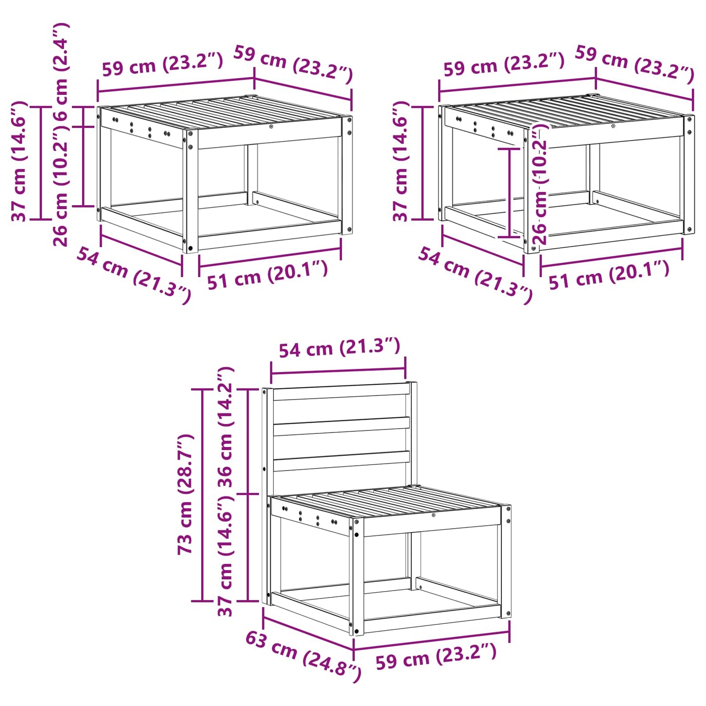 Utendørs sofa-sett 6 pcs Hvit 59 x 59 x 37 cm Solid akasietre