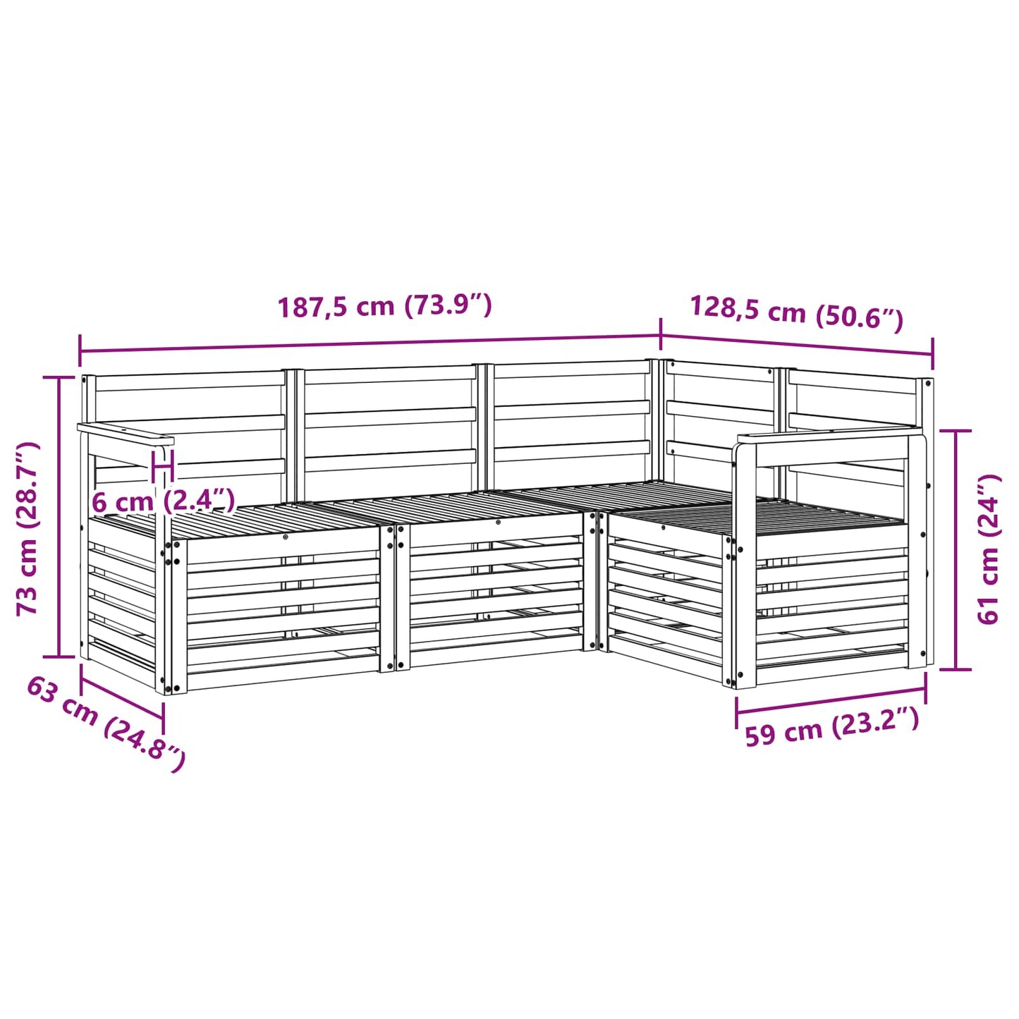 Sofasett 4 pcs Hvit 187,5 x 128,5 x 73 cm Solid akasietre