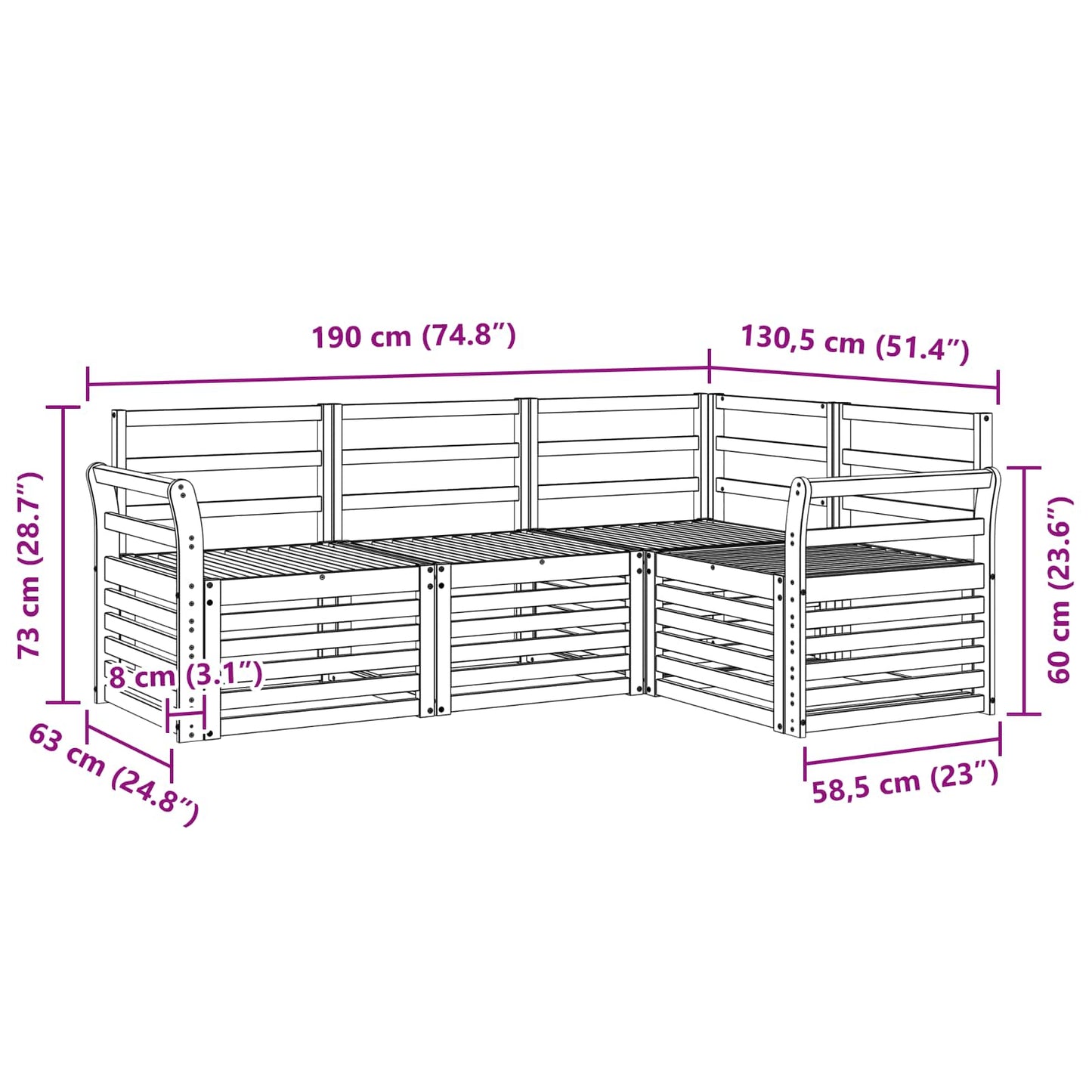 Sofasett 4 pcs Hvit 190 x 130,5 x 73 cm Solid akasietre