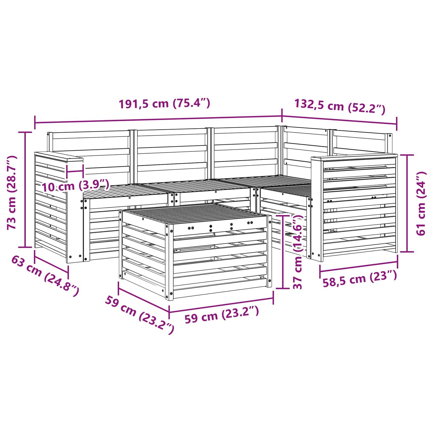 Utendørs sofa-sett 5 pcs Hvit 59 x 59 x 37 cm Solid akasietre