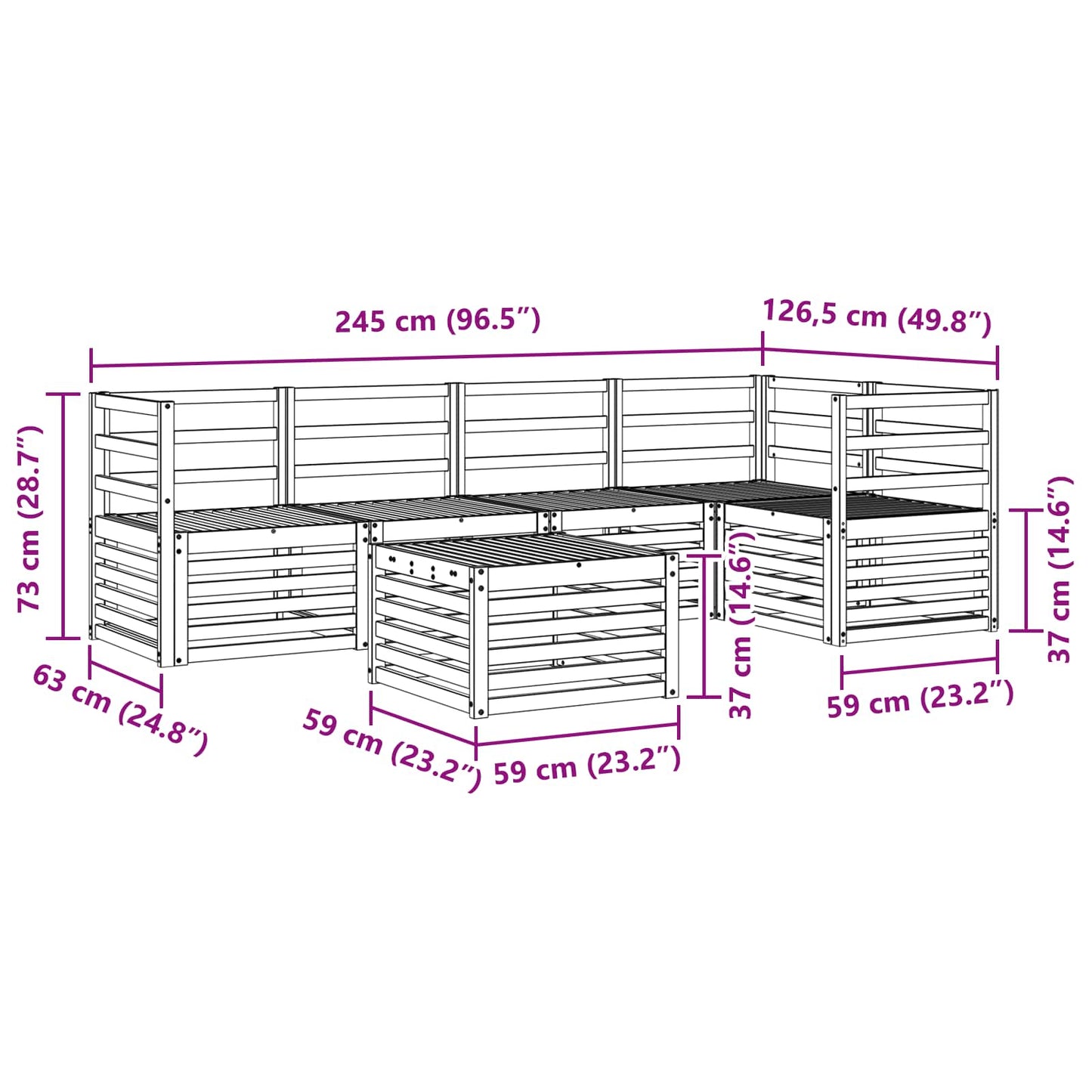 Utendørs sofa-sett 6 pcs Hvit 59 x 59 x 37 cm Solid akasietre