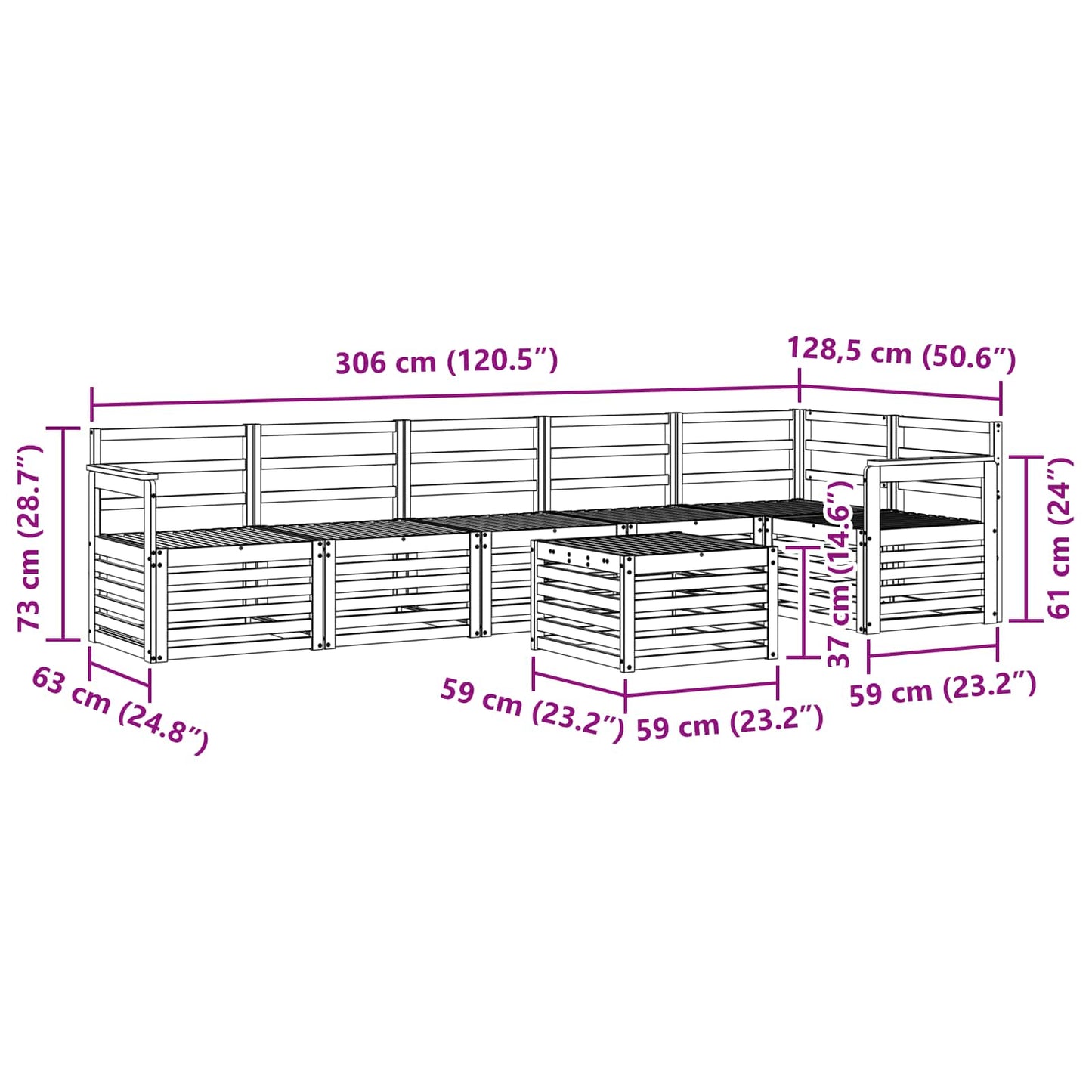 Utendørs sofa-sett 7 pcs Hvit 59 x 59 x 37 cm Solid akasietre