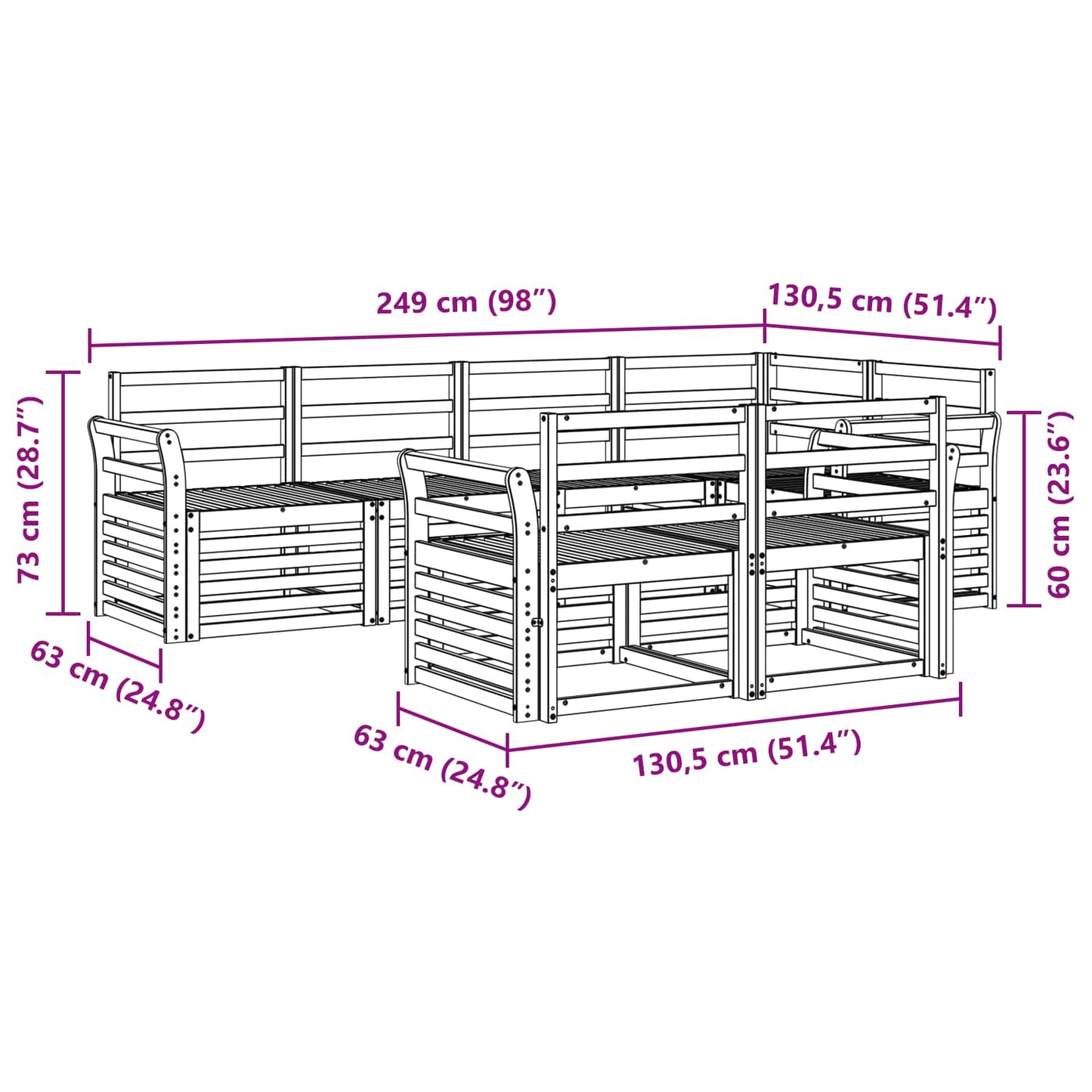 Utendørs sofa-sett 7 pcs Hvit 249 x 130,5 x 73 cm