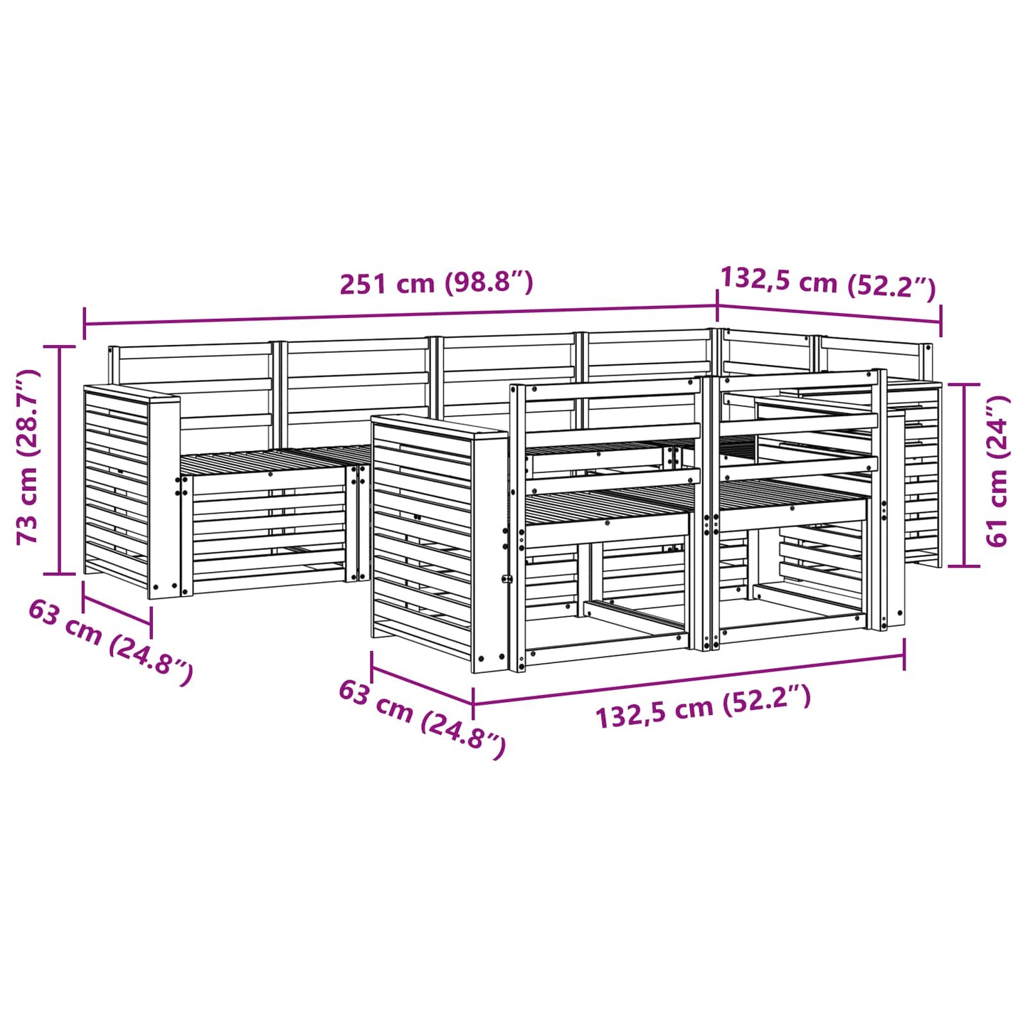 Utendørs sofa-sett 7 pcs Hvit 251 x 132,5 x 73 cm