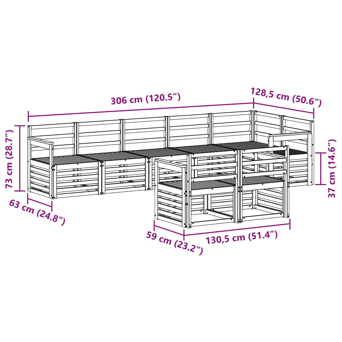 Utendørs sofa-sett 8 pcs Hvit 306 x 128,5 x 73 cm