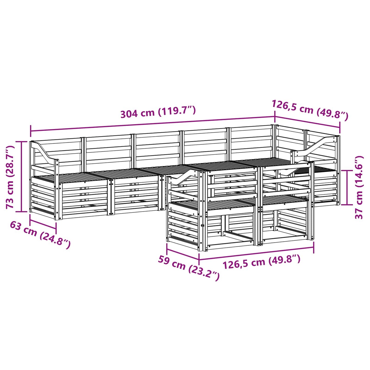 Utendørs sofa-sett 8 pcs Hvit 304 x 126,5 x 73 cm