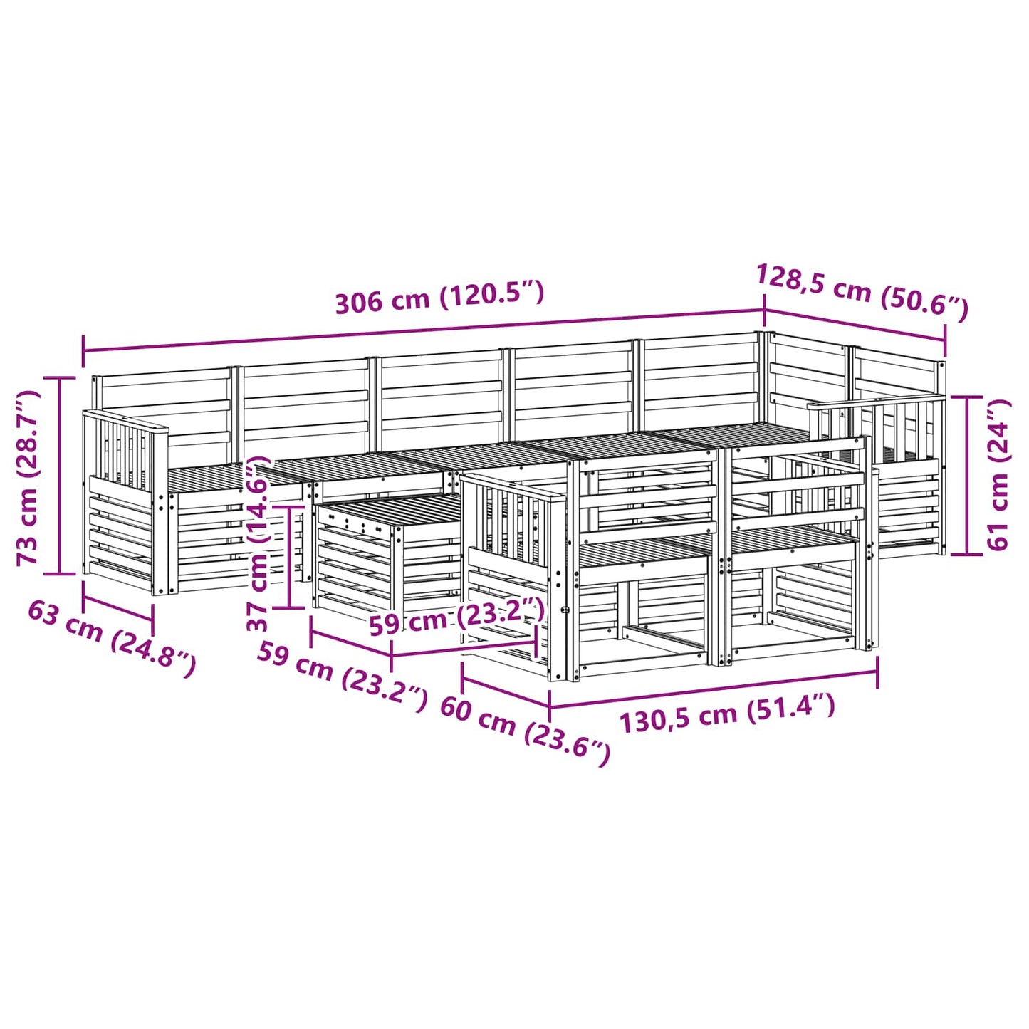Utendørs sofa-sett 9 pcs Hvit 59 x 59 x 37 cm Solid akasietre