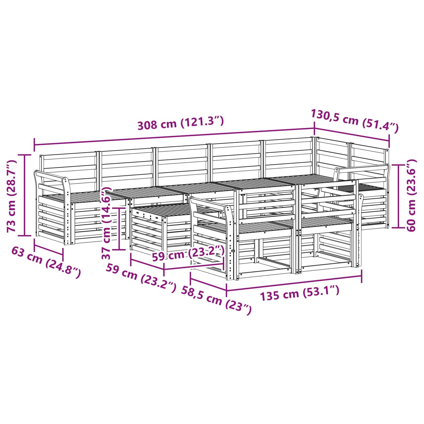 Utendørs sofa-sett 9 pcs Hvit 59 x 59 x 37 cm Solid akasietre