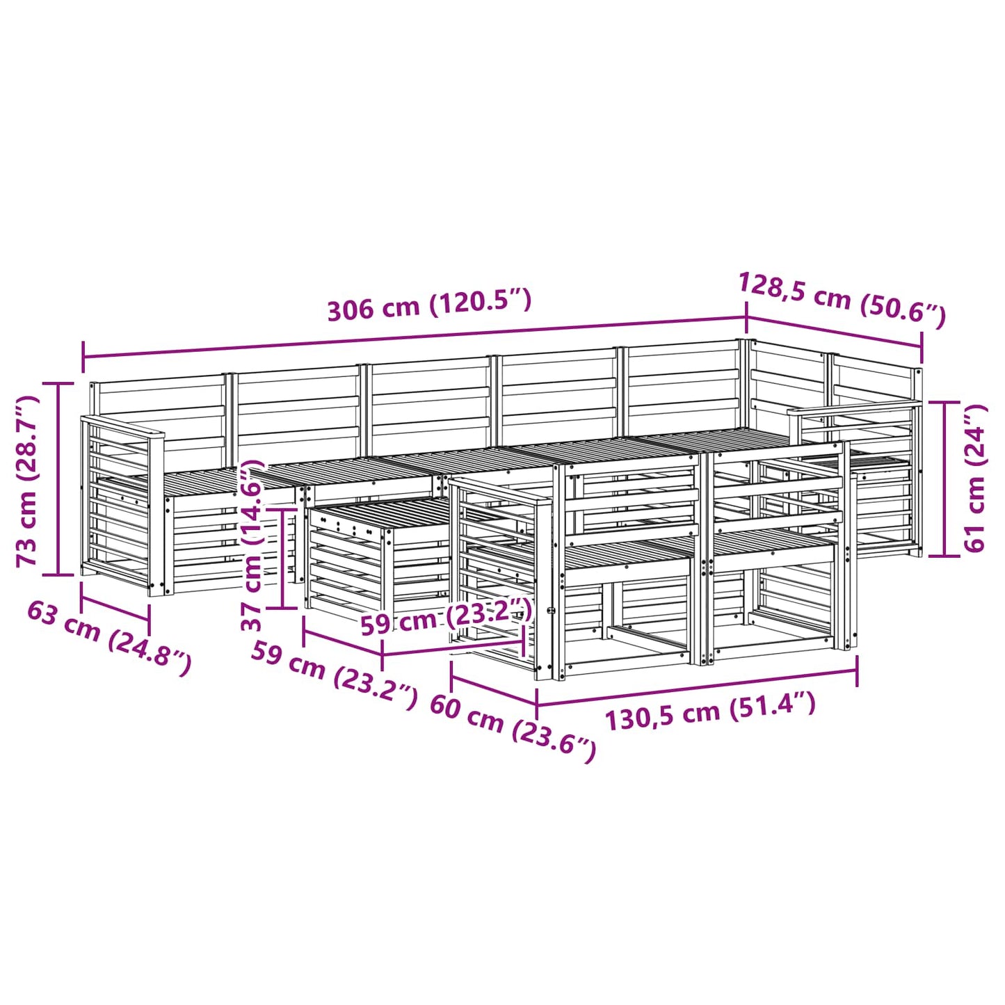 Utendørs sofa-sett 9 pcs Hvit 59 x 59 x 37 cm Solid akasietre