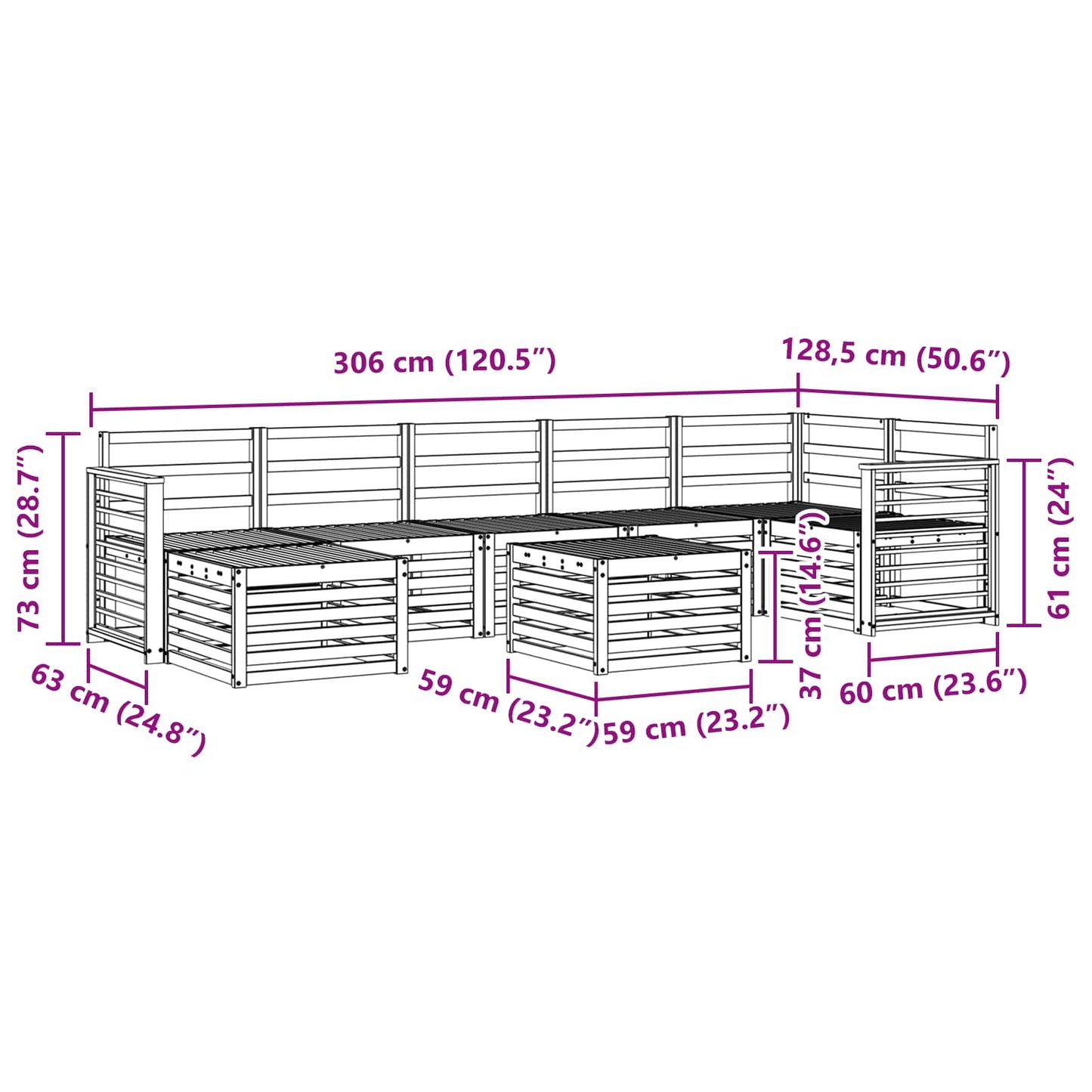 Utendørs sofa-sett 8 pcs Hvit 59 x 59 x 37 cm Solid akasietre