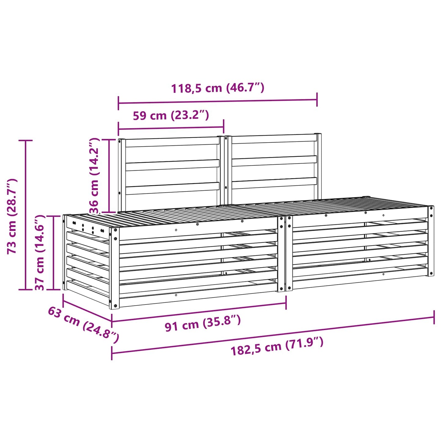 Utendørs sofa-sett 3 Stk Hvit 182,5 x 63 x 73 cm