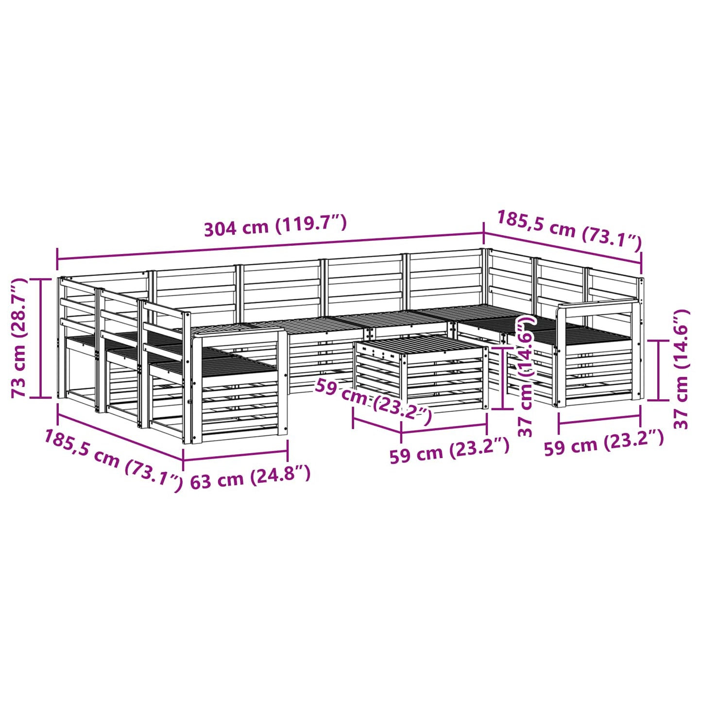 Utendørs sofa-sett 10 pcs Hvit 59 x 59 x 37 cm Solid akasietre