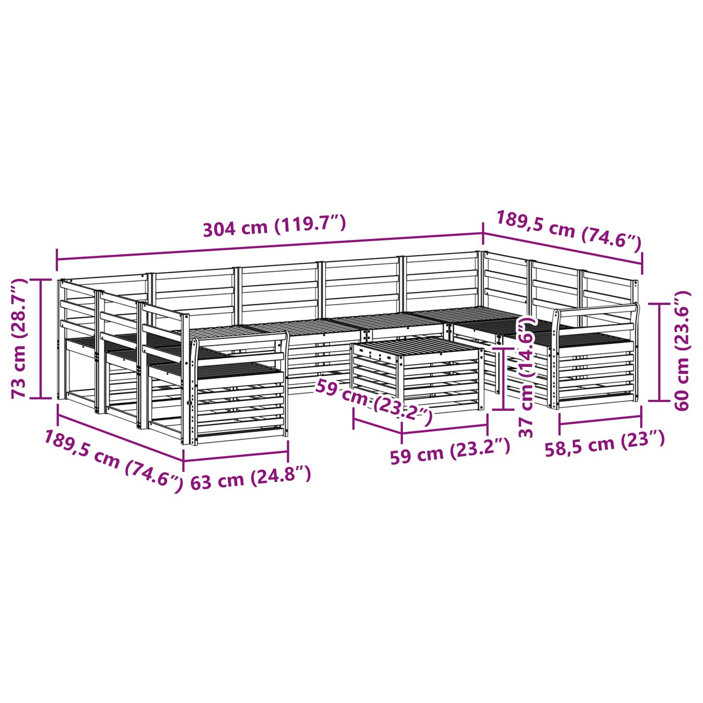 Utendørs sofa-sett 10 pcs Hvit 59 x 59 x 37 cm Solid akasietre