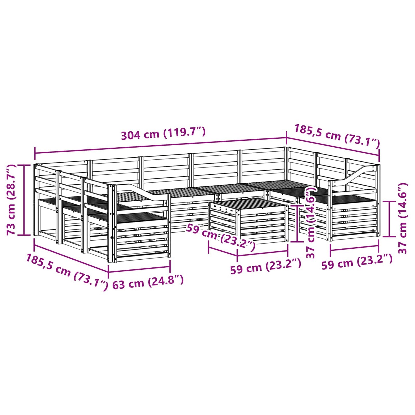 Utendørs sofa-sett 10 pcs Hvit 59 x 59 x 37 cm Solid akasietre