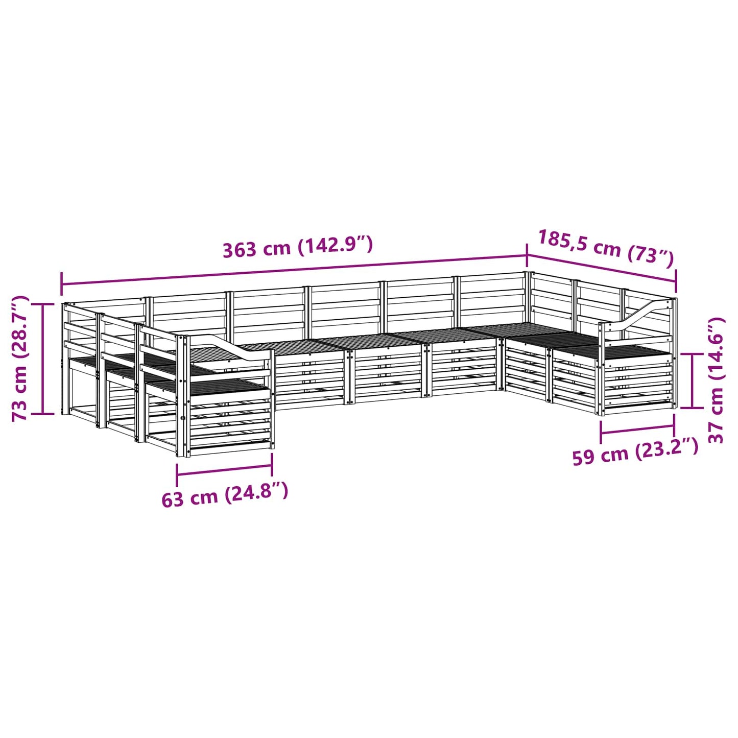 Utendørs sofa-sett 10 pcs Hvit 363 x 185,5 x 73 cm