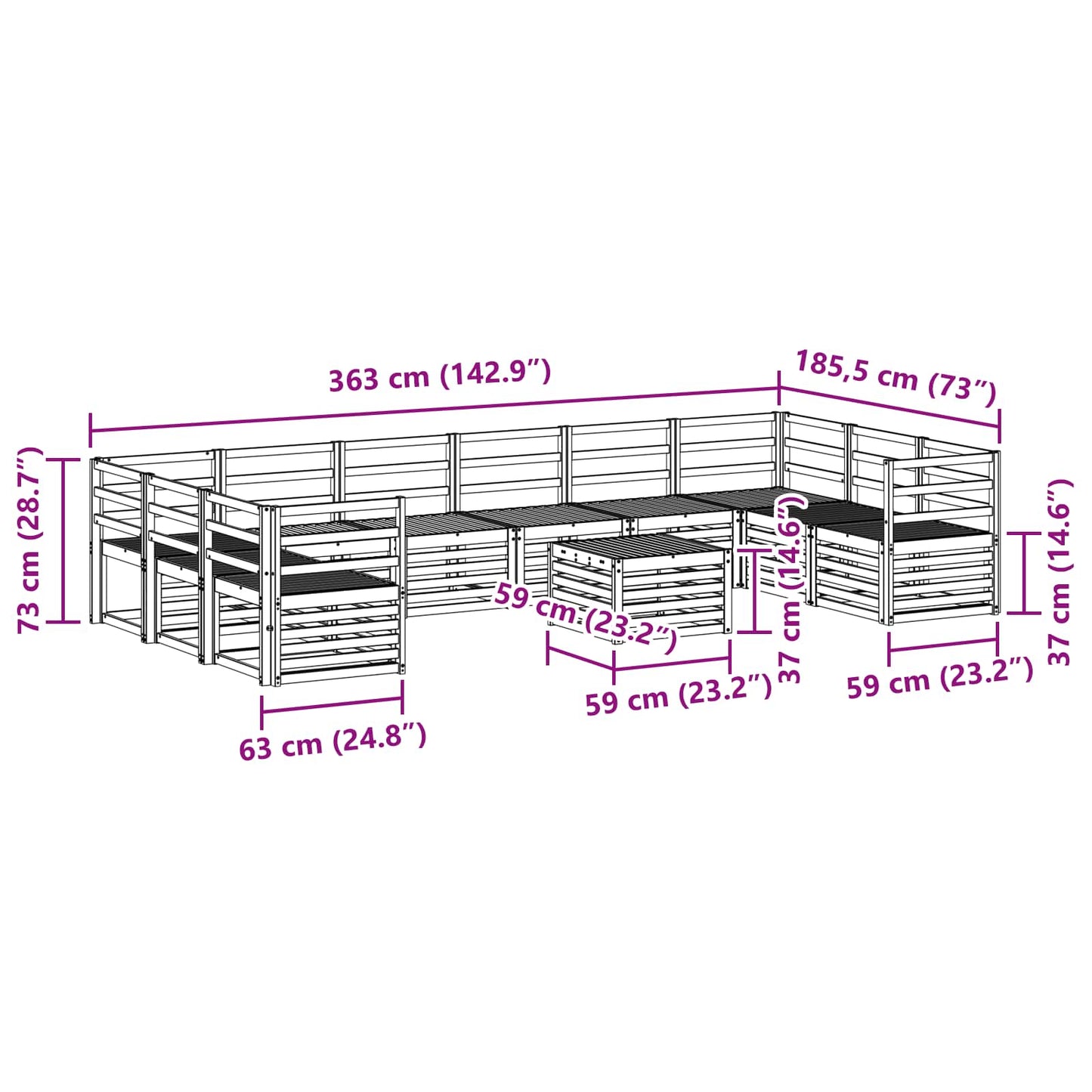 Utendørs sofa-sett 11 pcs Hvit 59 x 59 x 37 cm Solid akasietre