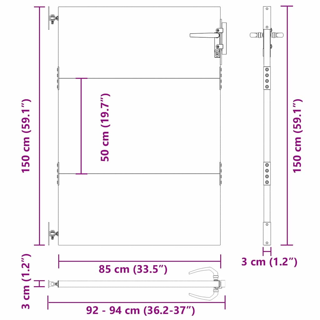 Hageport med lås Svart 85 x 150 cm Pulverlakkert stål