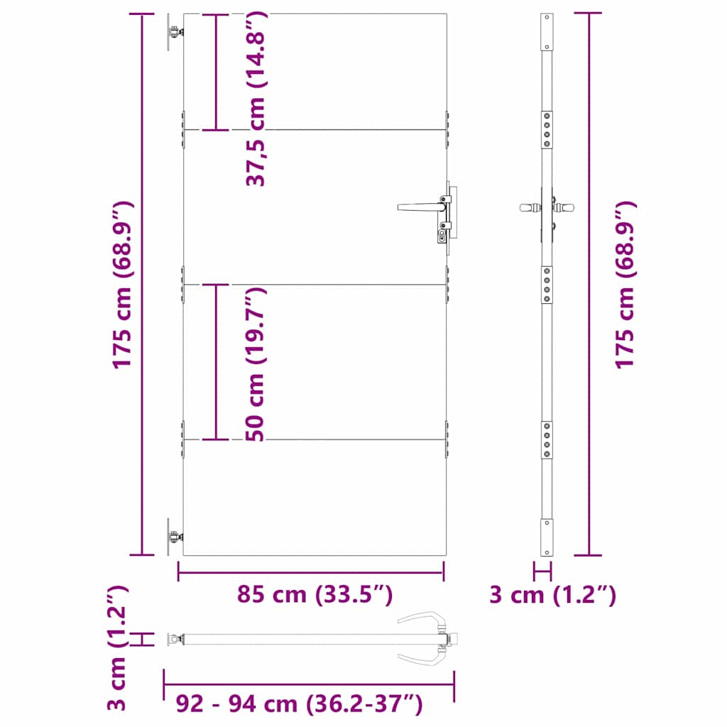 Hageport med lås Svart 85 x 175 cm Pulverlakkert stål