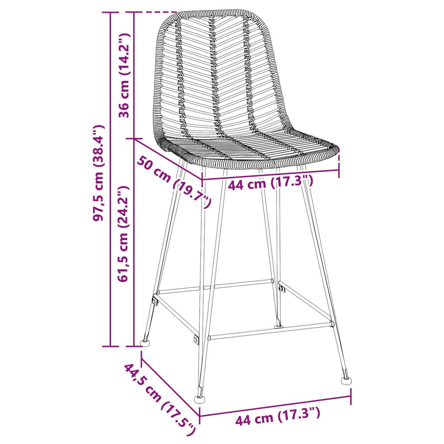 Barstol 2 pcs 44,5 x 54,5 x 97,5 cm Rattan og Jern