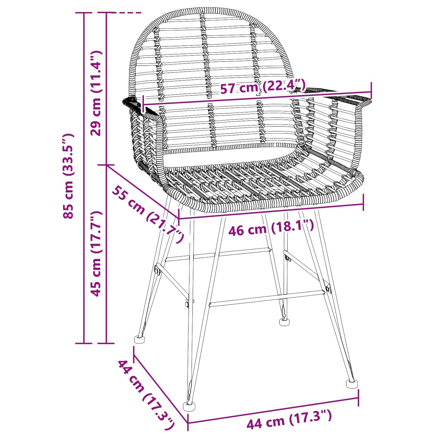 Spisestuestol 2 pcs Rattan og Jern Svart 57 x 55 x 85 cm