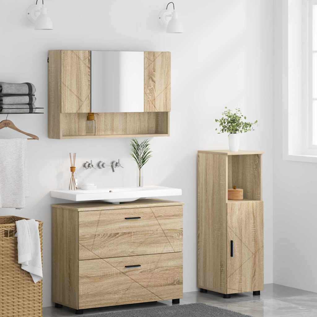 Baderomsinnredningssett 3 pcs Sonoma eik Ingeniørtre og metall