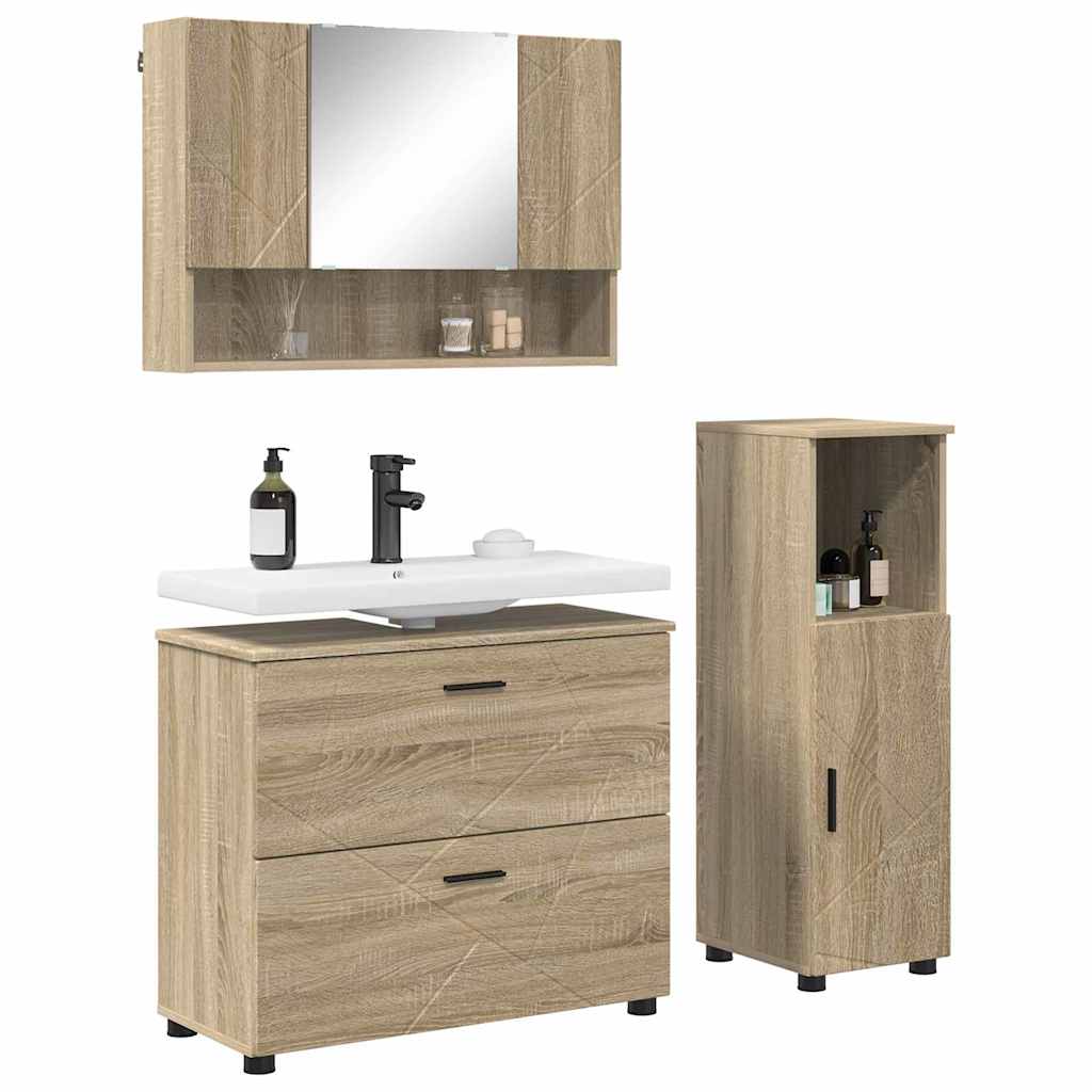 Baderomsinnredningssett 3 pcs Sonoma eik Ingeniørtre og metall