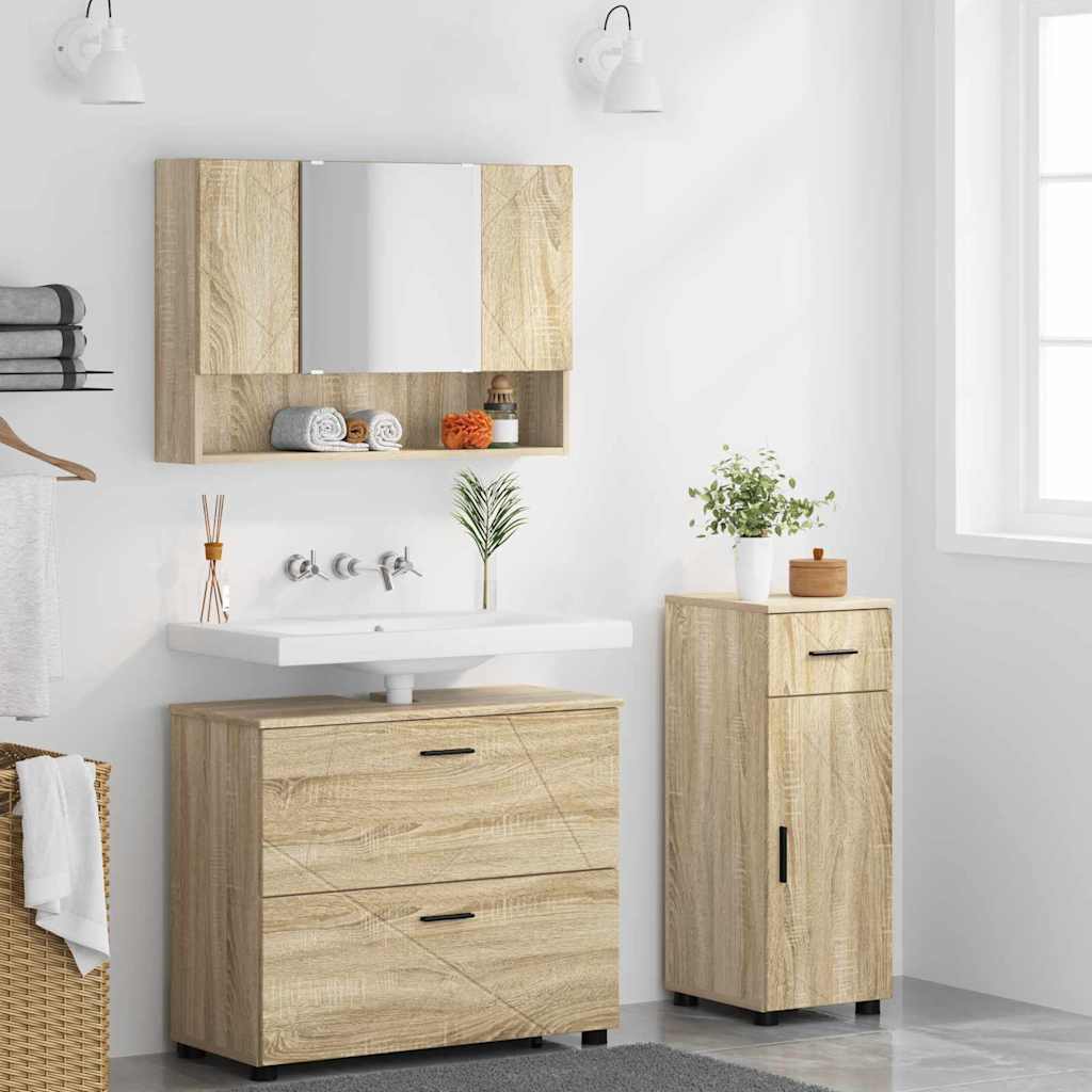Baderomsinnredningssett 3 pcs Sonoma eik Ingeniørtre og metall