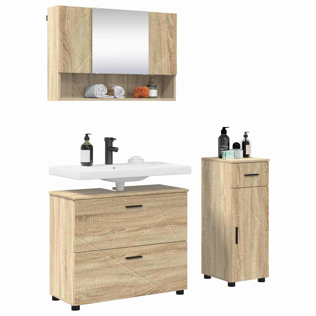 Baderomsinnredningssett 3 pcs Sonoma eik Ingeniørtre og metall