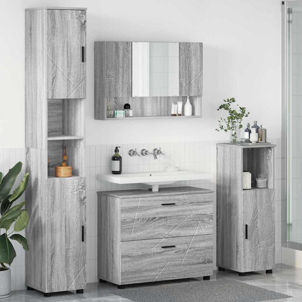 Baderomsinnredningssett 4 pcs Grå Sonoma Ingeniørtre og metall