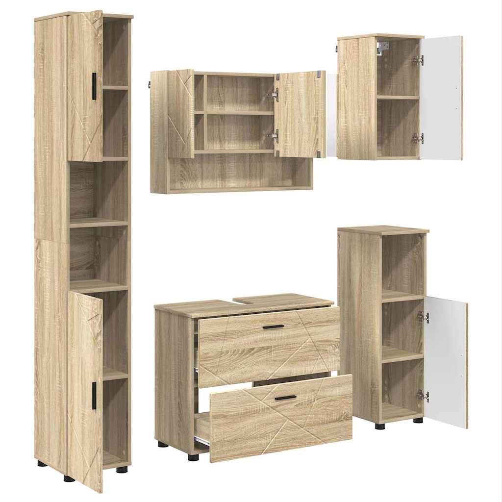Baderomsinnredningssett 5 pcs Sonoma eik Ingeniørtre og metall