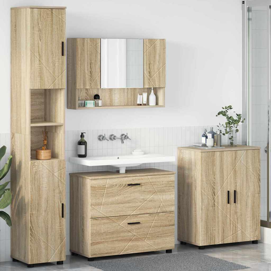 Baderomsinnredningssett 4 pcs Sonoma eik Ingeniørtre og metall
