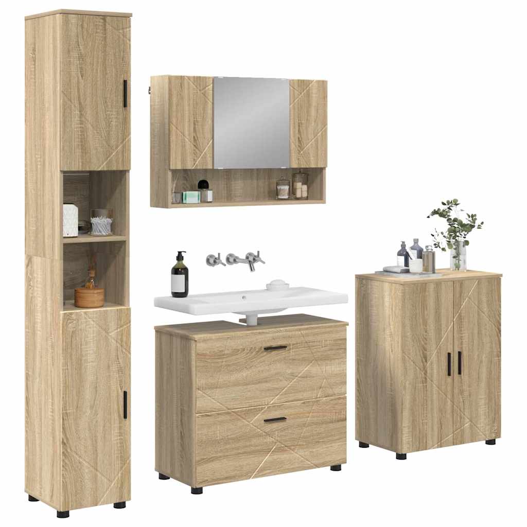 Baderomsinnredningssett 4 pcs Sonoma eik Ingeniørtre og metall