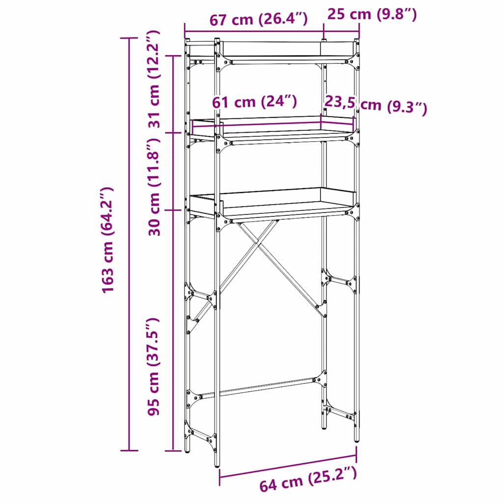 Vaskemaskinhylle Svart 0ak 67 x 25 x 163 cm Konstruert tre
