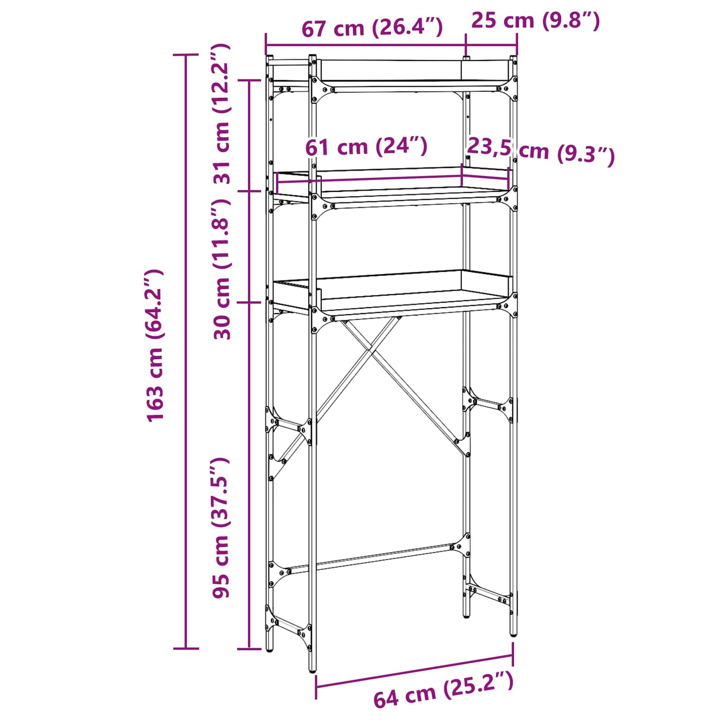 Vaskemaskinhylle Svart 0ak 67 x 25 x 163 cm Konstruert tre