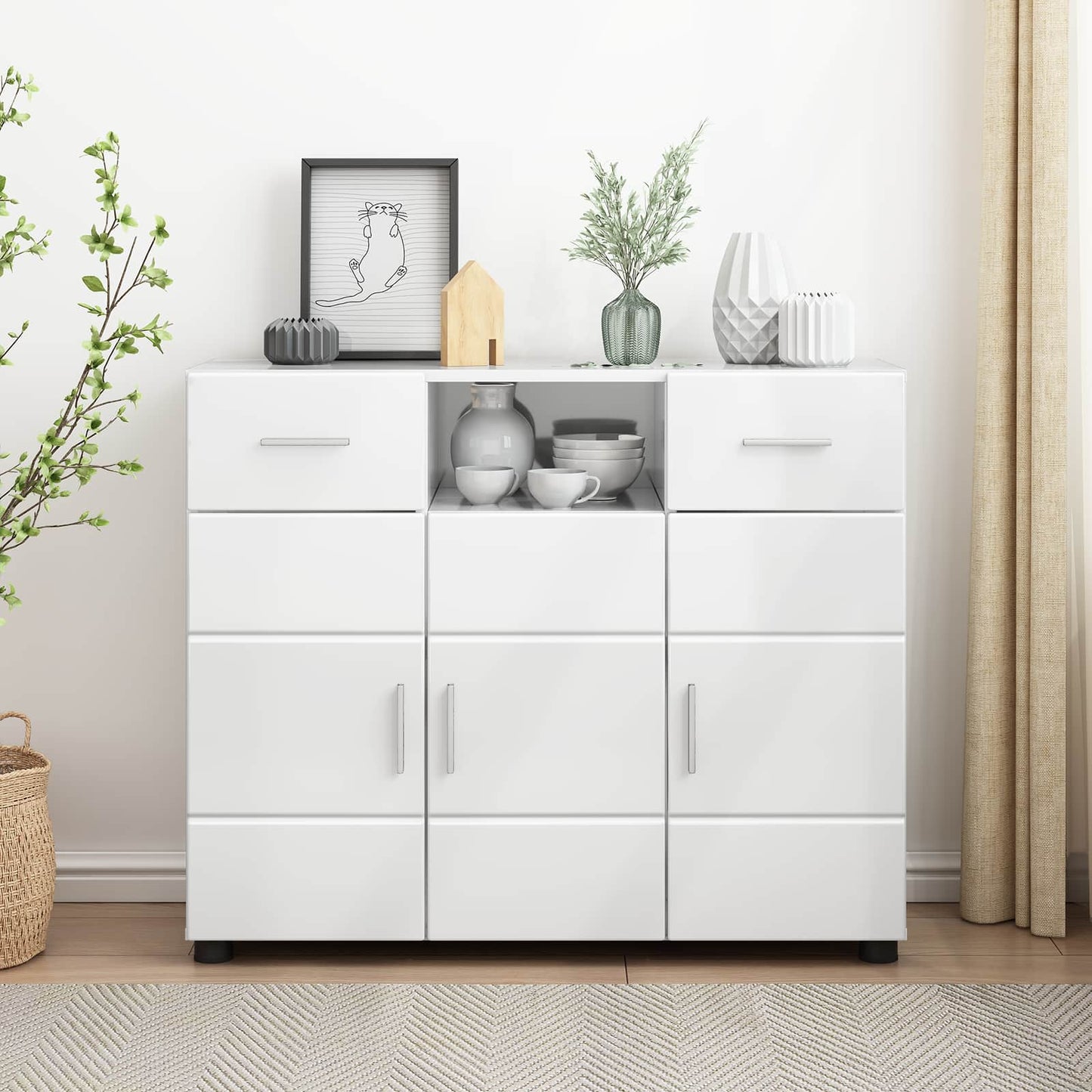 Tre skap Høyglanset hvit 88,5 x 30,5 x 73 cm Konstruert tre