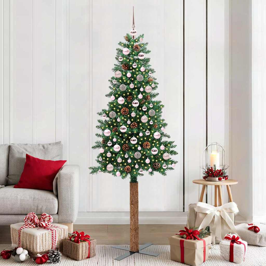 Slim juletre med 300 LED grønn 210 cm PVC og Massivt Furu tre