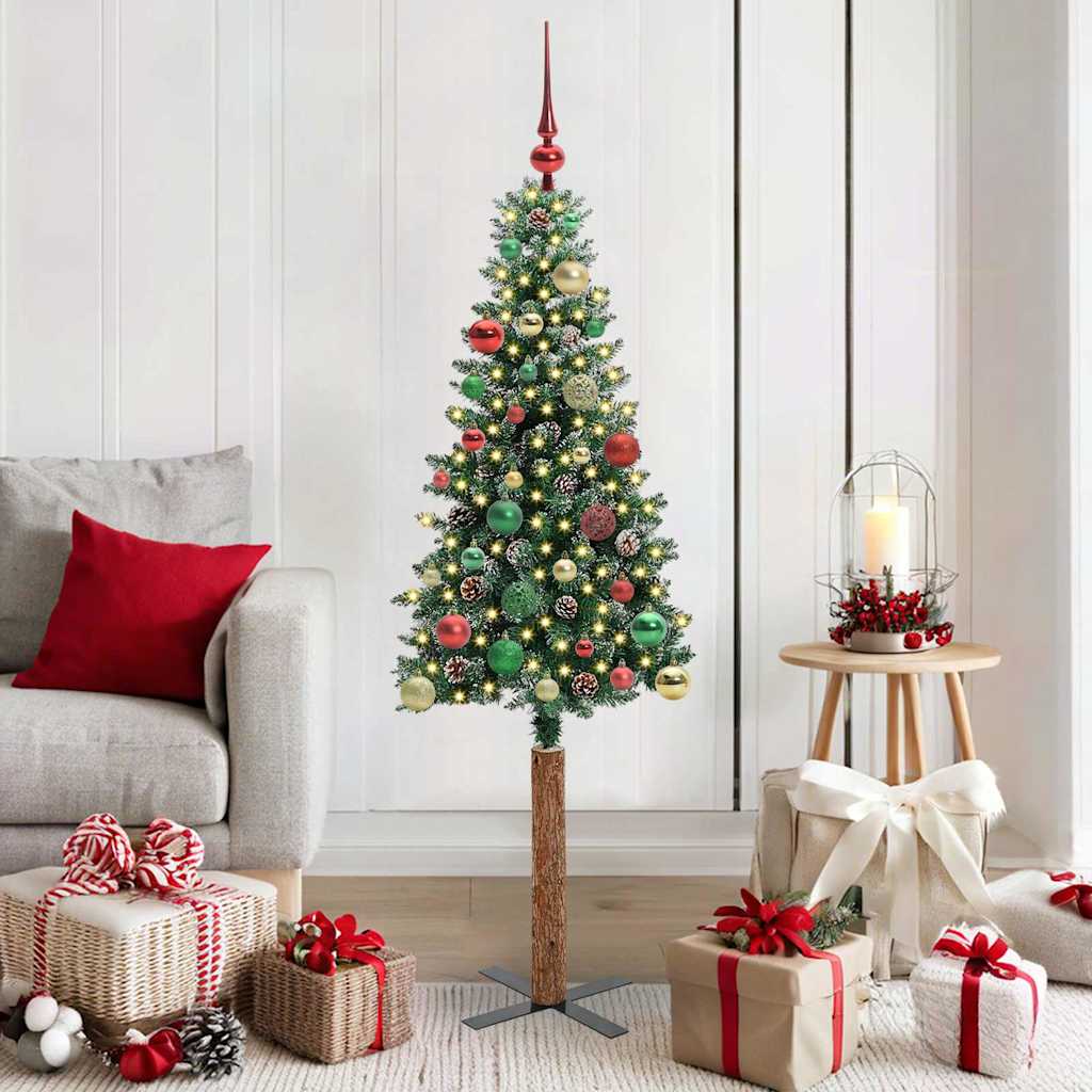 Slim juletre med 150 LED grønn 150 cm PVC og Massivt Furu tre