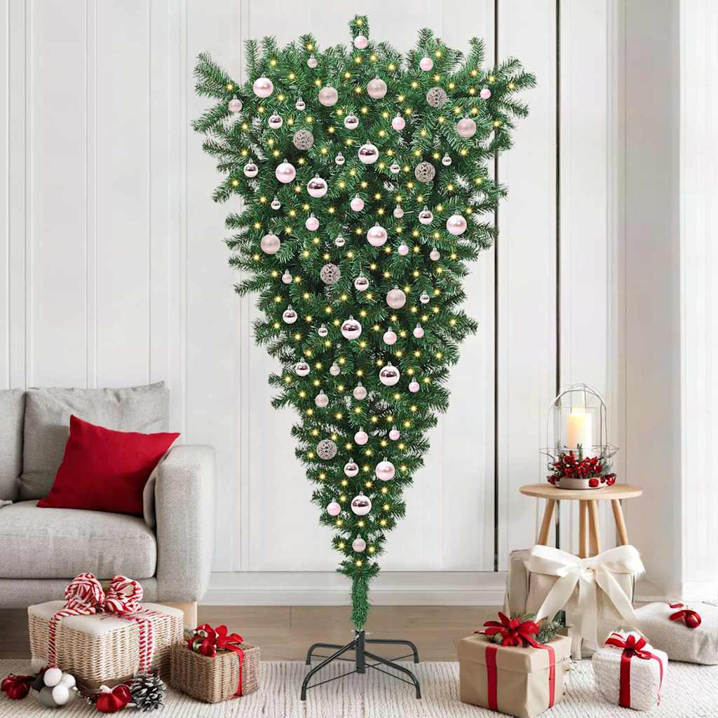 Opp-ned kunstig forhåndsbelyst juletre med kule sett 210 cm PVC
