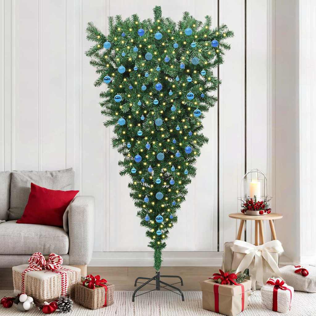Opp-ned kunstig forhåndsbelyst juletre med kule-sett 210 cm PVC